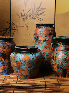 手绘花盆花瓶红陶粗陶透气无釉复古绿植花卉盆栽大口径创意摆件