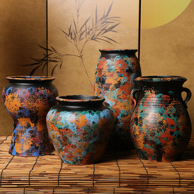 手绘花盆花瓶红陶粗陶透气无釉复古绿植花卉盆栽大口径创意摆件