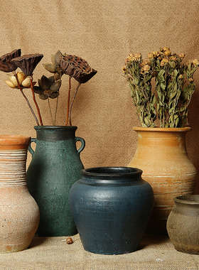 香舍粗陶陶罐花瓶花器多肉花盆复古土陶透气干花做旧土罐瓦罐坛子