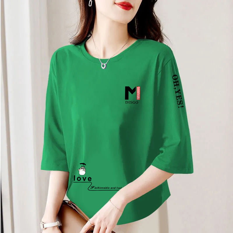 2025新款纯棉圆领七分袖女上衣圆弧下摆遮肚子设计感时尚宽松T恤