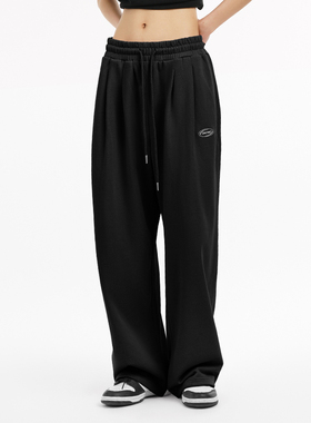 EMCTWO休闲抽绳束脚阔腿黑色卫裤男女同款潮牌情侣宽松直筒运动裤