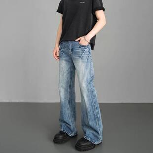 2025春季美式高街cleanfit扎花闪电裂纹水洗牛仔裤男直筒微喇裤子