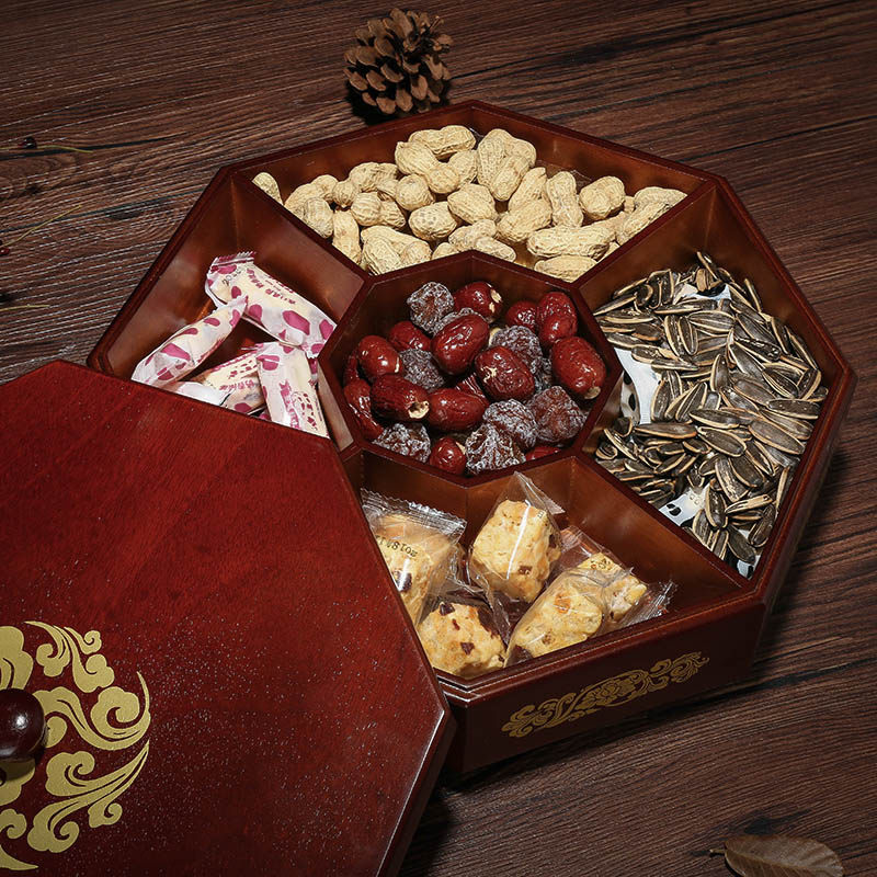 雅式实木旋转新中式八角果盒客厅茶几果盘零食盒结婚干果盒