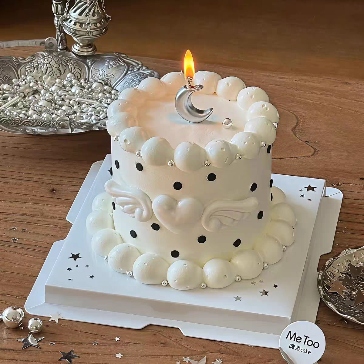 网红ins风银色白色月亮蜡烛甜品台装扮插件生日蛋糕装饰翅膀模具