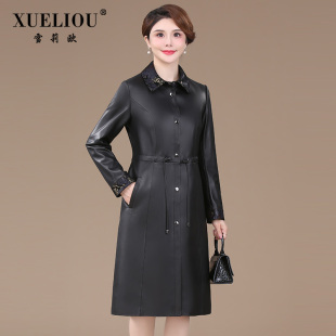 海宁皮革城真皮皮衣女2023新款春秋中年妈妈绵羊皮风衣外套中长款