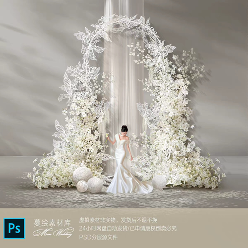 白色满天星花艺蕾丝花窗帘拱门合影婚礼手绘效果图素材psd