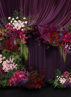 o400南洋风紫红玫红色绿色粉色布幔婚礼手绘花艺图psd分层设计