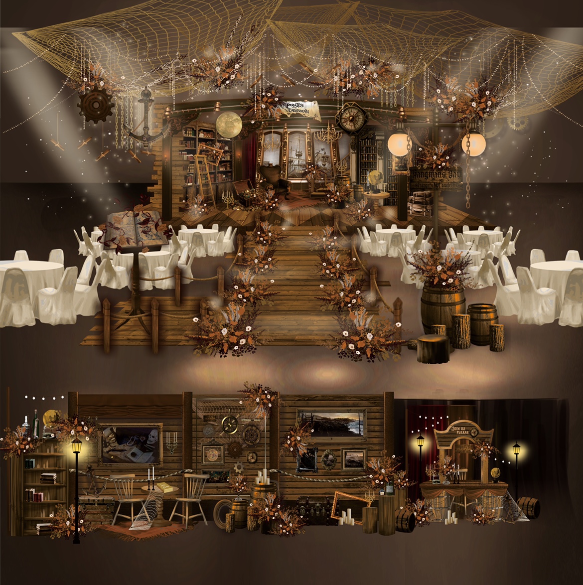 o162咖色复古木质婚礼效果图ps源文件木婚礼海洋哈利波特婚礼素材