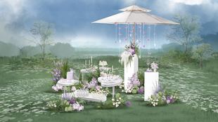 b378小众油画风粉紫色复古户外草坪婚礼素材游园会甜品桌psd