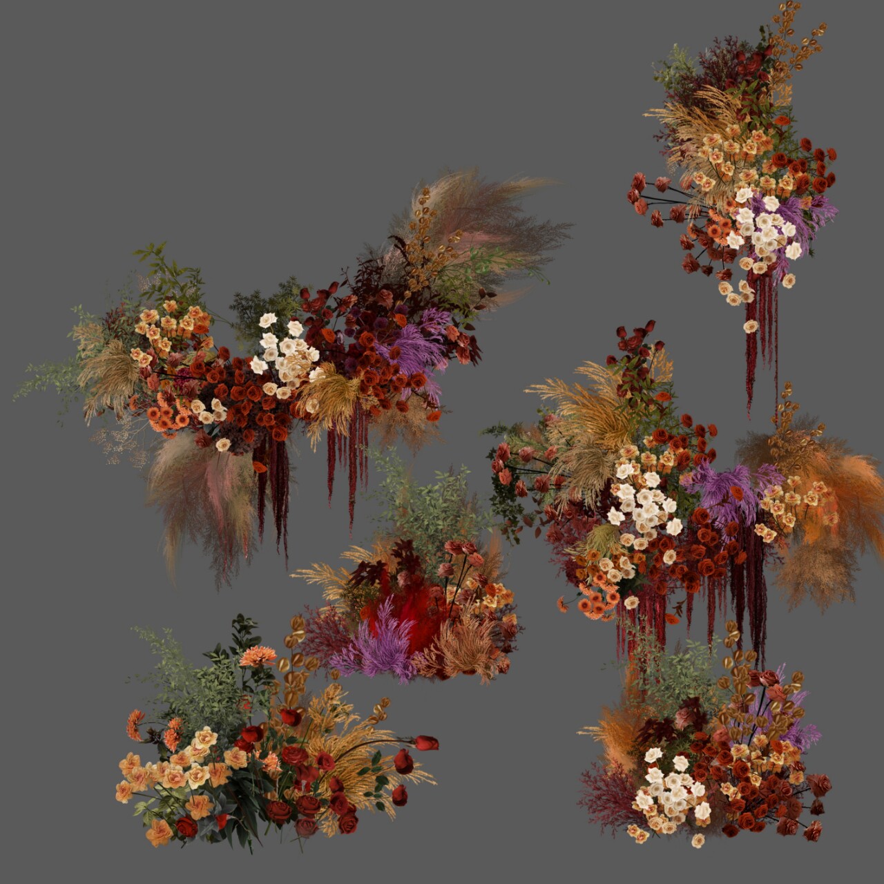 h489红色复古花艺素材psd文件婚礼花门花拱门素材红色蓝色野生感