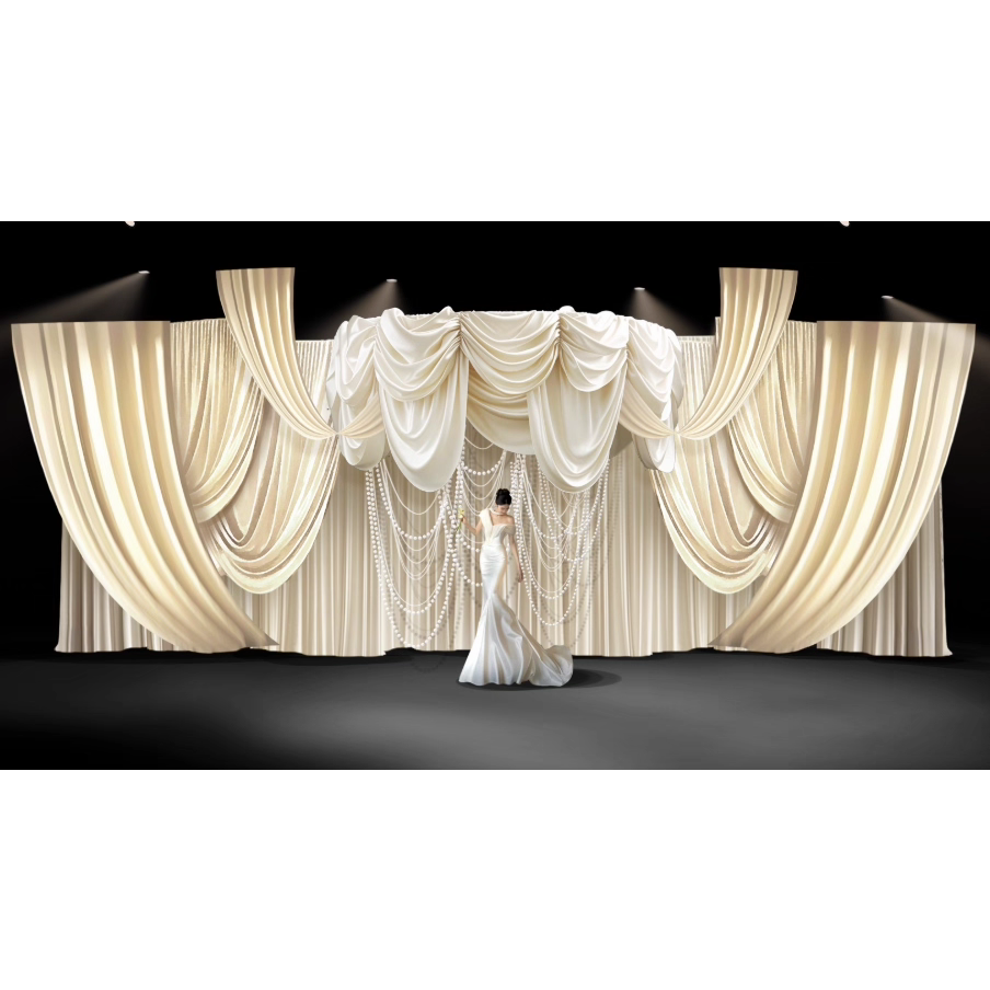 米白香槟色布幔婚礼奶白丝绸布幔迎宾入口婚礼效果图psd分层素材