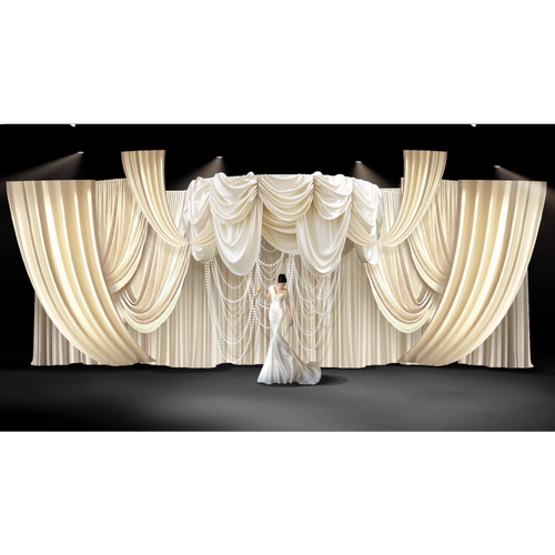 米白香槟色布幔婚礼奶白丝绸布幔迎宾入口婚礼效果图psd分层素材