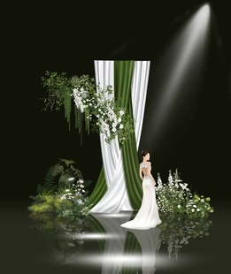 o321韩式布幔野生感花艺合影舞台区婚礼效果图香槟色素材白绿