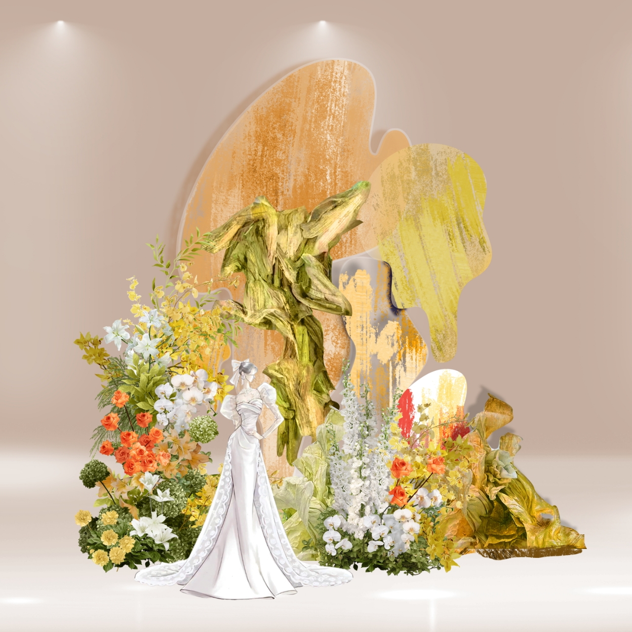 o358白橘黄绿色手绘花艺户外小众婚礼合影区效果图设计素材