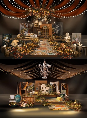 o037复古法式美式秋色橙色咖色油画风婚礼设计效果图psd文件素材