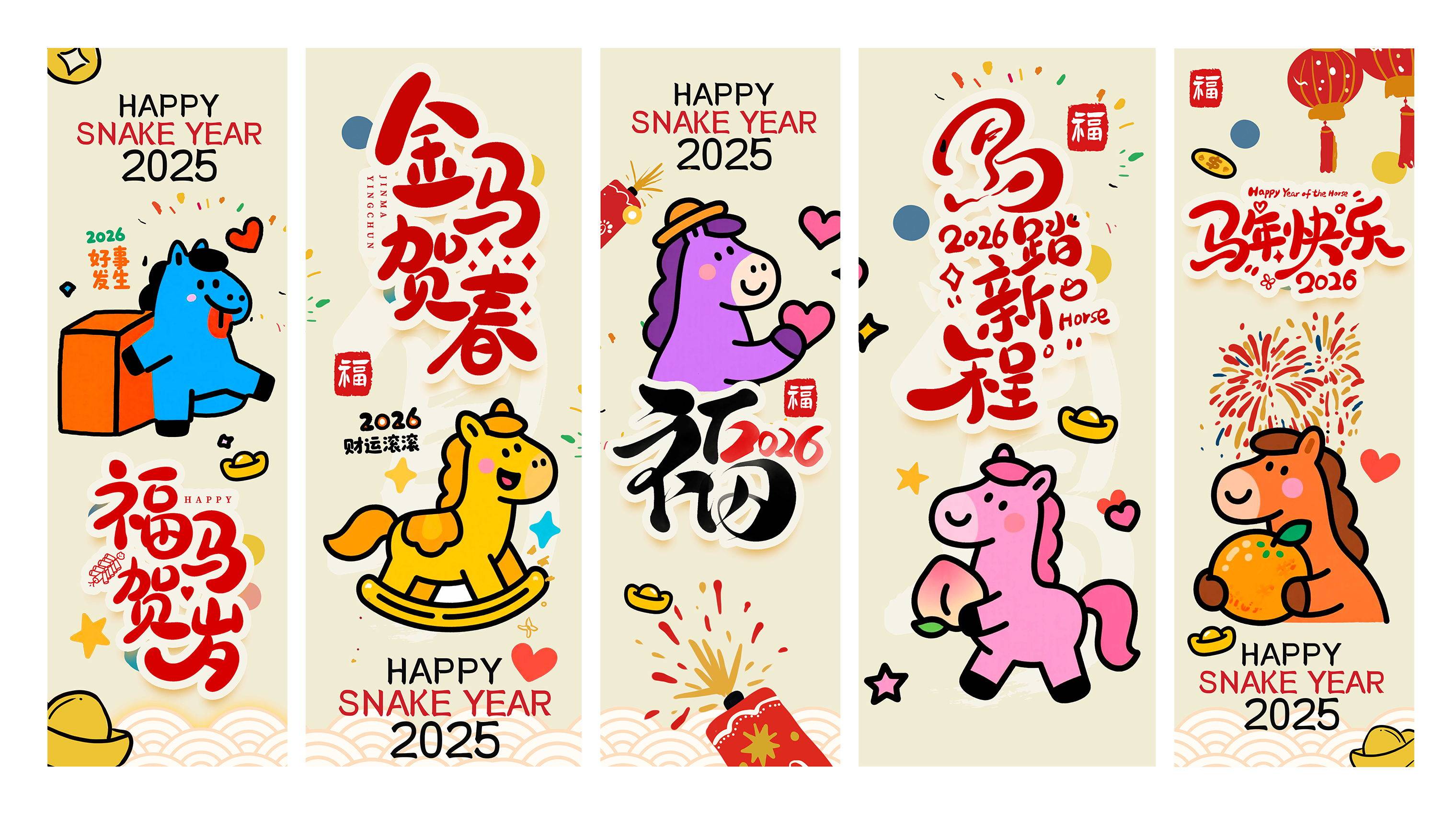 2026马年年新年春节元旦手绘插画海报模板PSD设计素材马年对联