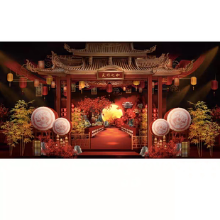 红金色中式婚礼效果图红色新中式婚礼设计素材PS分层无制作文件T