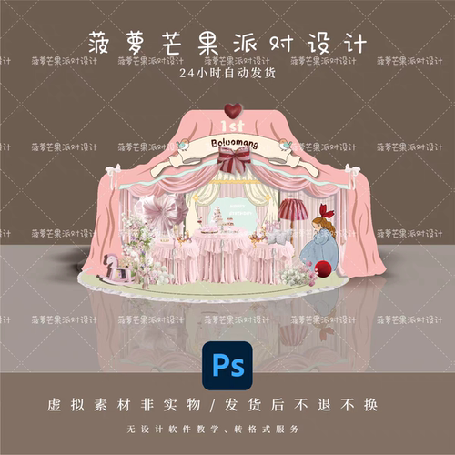 小红书同款粉色公主宝宝宴生日宴周岁礼派对背景设计素材ps源文件