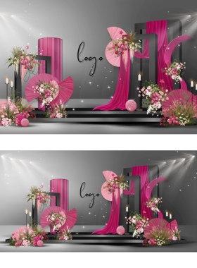 o260玫红色黑色婚礼效果图ps源文件布幔南洋风韩式小众婚礼效果图