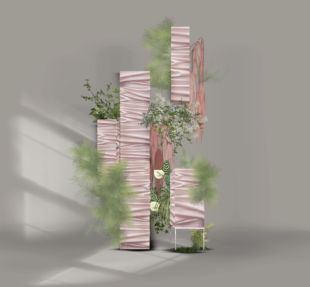 b302粉色布幔褶皱绿植组合小众迎宾区合影背景效果图婚礼素材