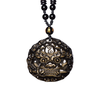 天然黑曜石狮咬剑八卦牌吊坠睚眦金曜石挂件本命年项链男女款饰品