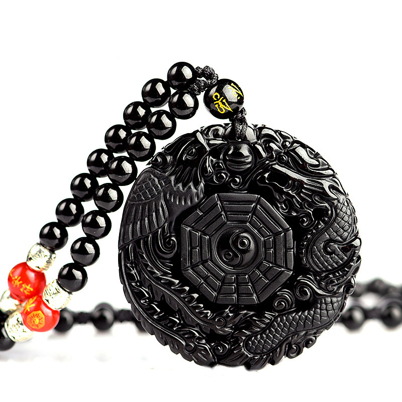 天然阴阳五行八卦黑曜石龙凤平安吊坠男女玉佩护身符挂件情侣项链