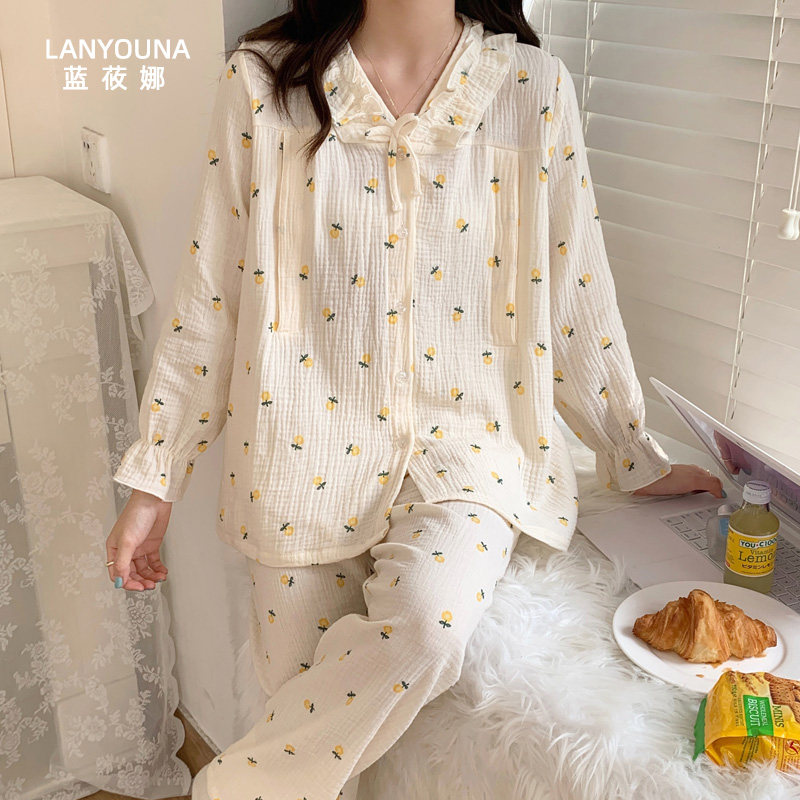 纱布月子服夏季薄款产后纯棉孕妇睡衣春秋哺乳大码家居服两件套女