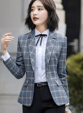 格子小西装外套女春秋新款修身网红休闲复古女士上衣短款韩版西服