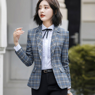 格子小西装外套女春秋新款修身网红休闲复古女士上衣短款韩版西服