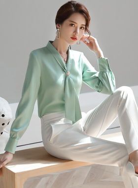 2025新款秋装时尚牛油果绿色雪纺女长袖V领遮肉百搭洋气领带小衫