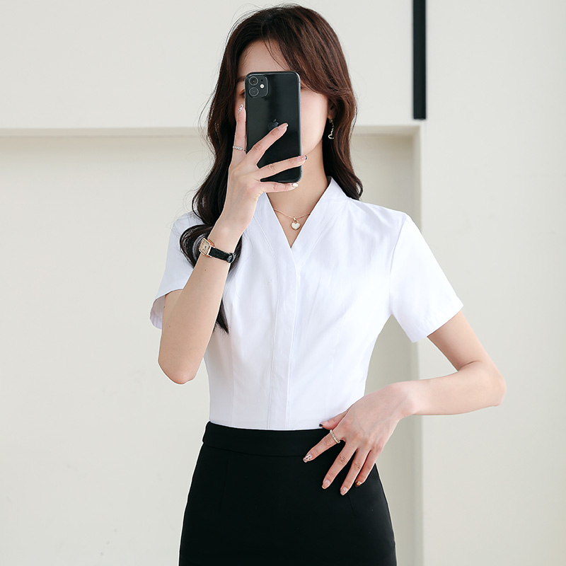 职业白衬衫女短袖夏季新款工装空姐面试正装v领衬衣套装空乘制服