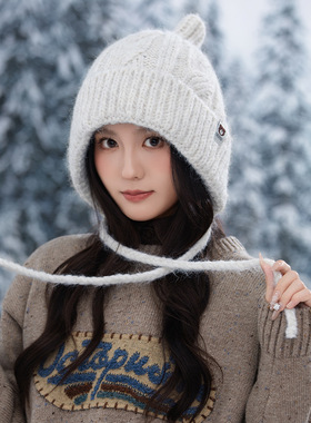 2025年新款韩版防寒毛绒绒帽子女秋冬季加绒加厚保暖绑带护耳帽潮