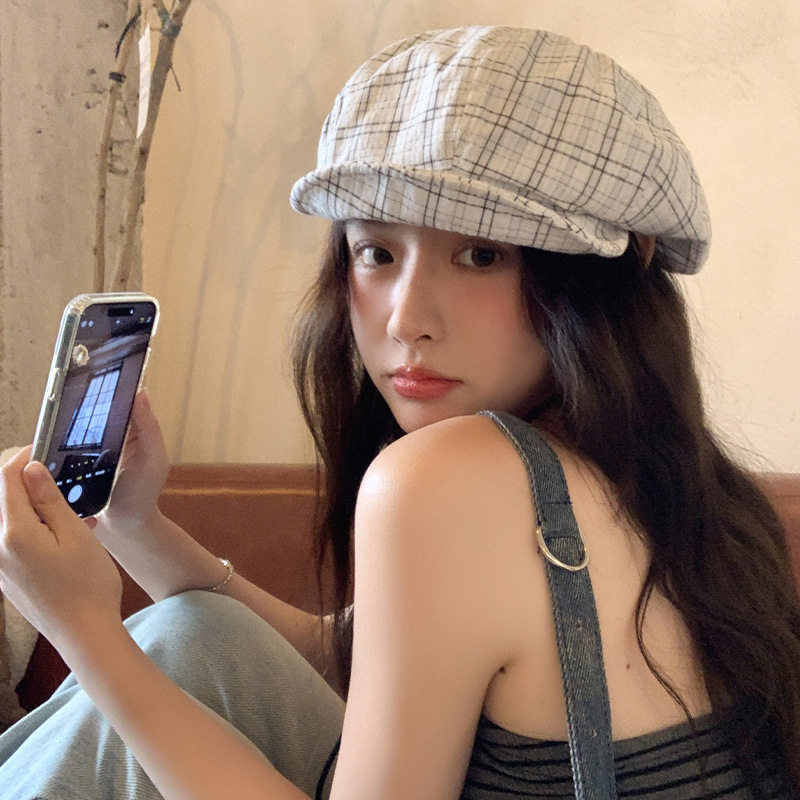 韩系格子贝雷帽女2025新款春季帽子鸭舌帽显脸小八角帽画家帽薄款
