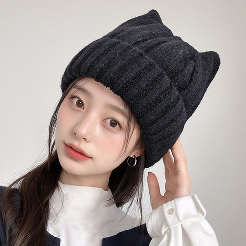 可爱猫耳软糯毛线显脸小针织帽女