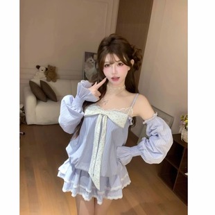 纯欲风小众设计感甜美蓬蓬短裙子 蝴蝶结波点条纹吊带连衣裙女夏季
