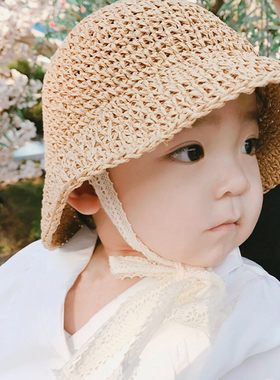 宝宝帽子夏季防晒儿童遮阳帽蕾丝系带渔夫草帽ins韩国时尚 沙滩帽