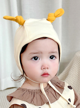 婴儿帽子纯棉春秋新生婴幼儿胎帽男女宝宝可爱外出防风系带兔耳帽
