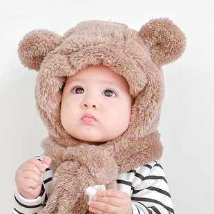 宝宝帽子冬季 围巾一体可爱婴幼儿护耳加绒保暖儿童防风帽毛绒围脖