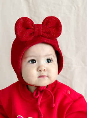 婴儿帽子可爱女宝宝红色圣诞礼帽公主蝴蝶结超萌洋气周岁新年帽冬