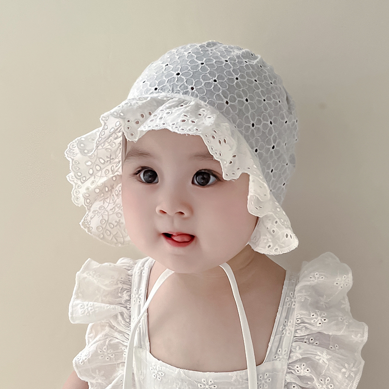 花边蕾丝婴儿遮阳帽夏季薄款新生婴幼儿公主女宝宝透气绑带防晒帽