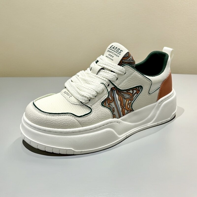 2026新款真皮男鞋小白鞋平底牛皮网面拼接透气厚底增高板鞋民族风