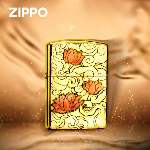 Zippo经典之宝打火机黄铜盔甲紫铜贴章莲华正品煤油火机收藏送礼