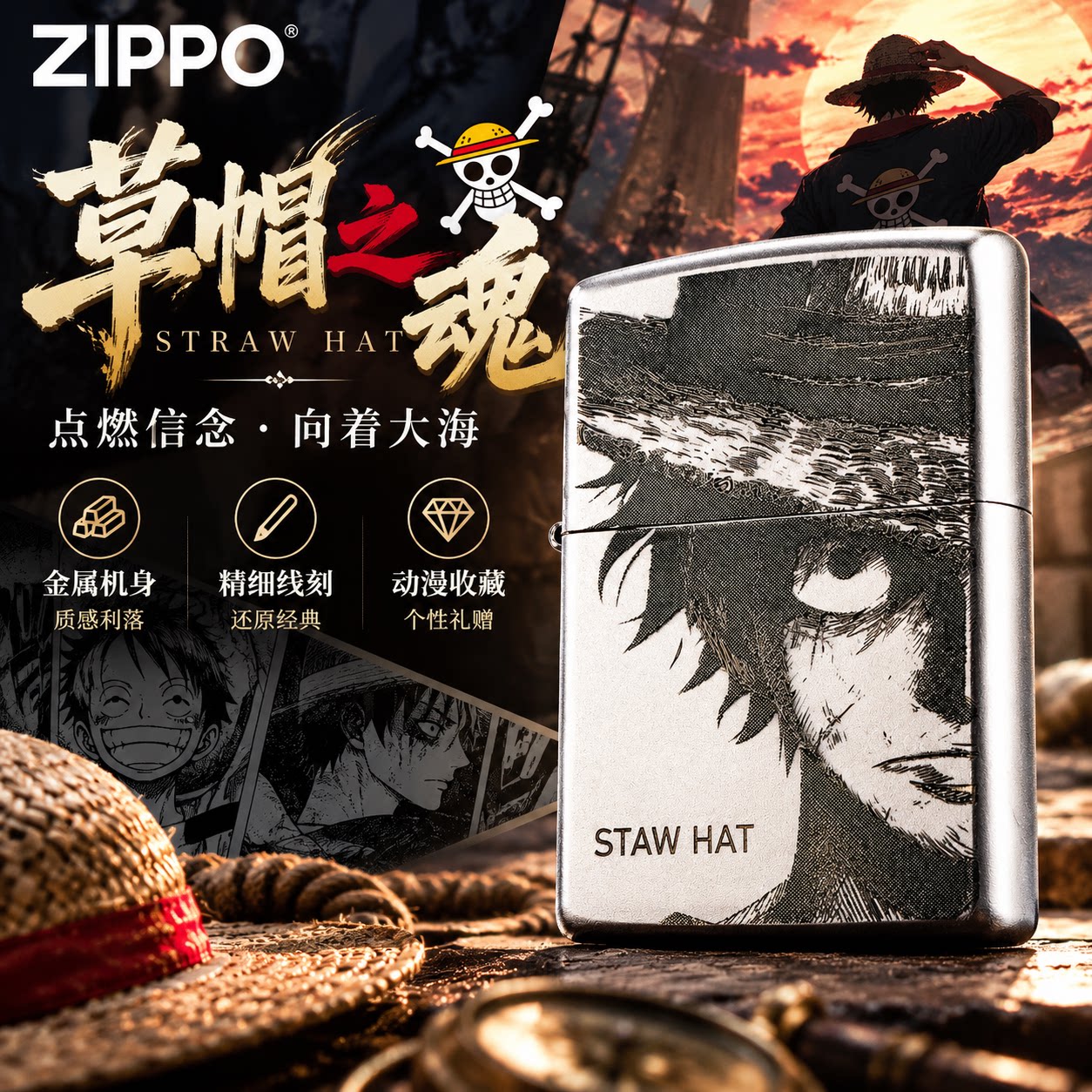 ZIPPO正品海贼王路飞精雕银色防风煤油打火机男生日送礼盒收藏