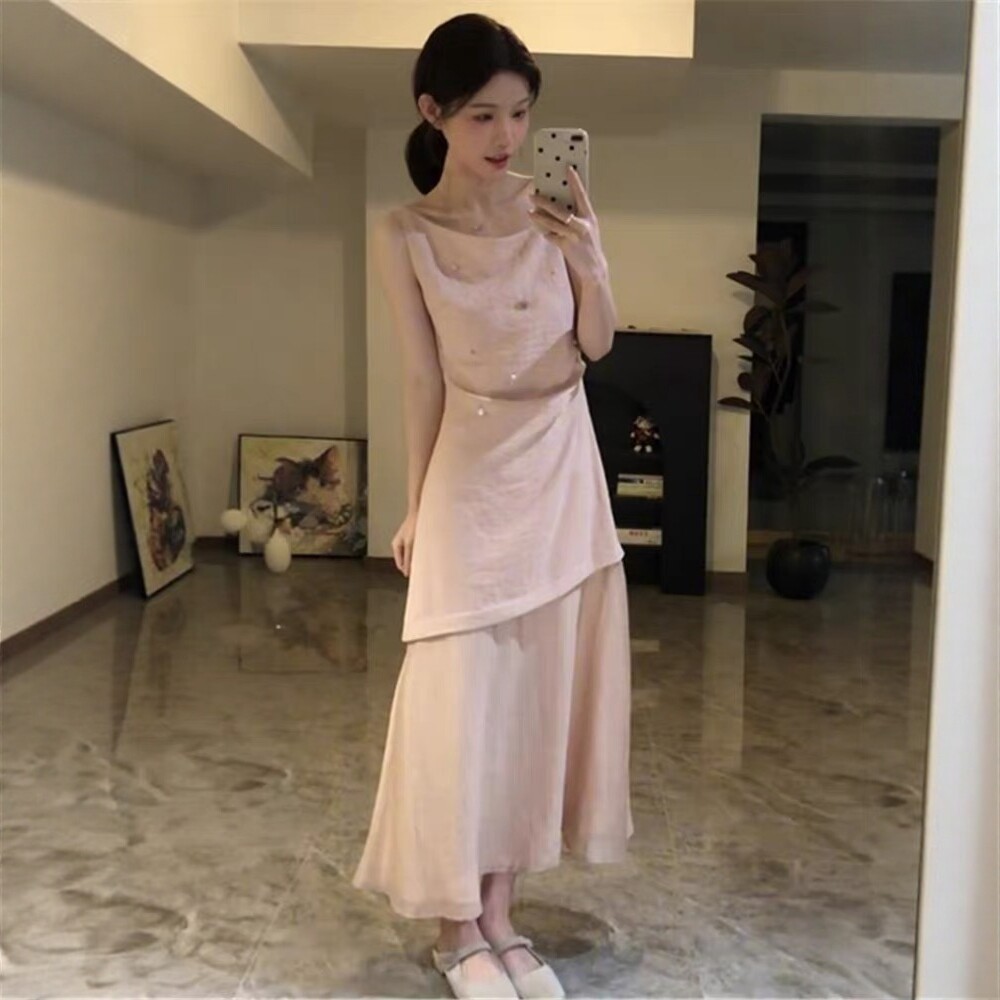 法式绝美气质温柔风粉色无袖连衣裙女夏季度假风巨好看钉珠长裙子