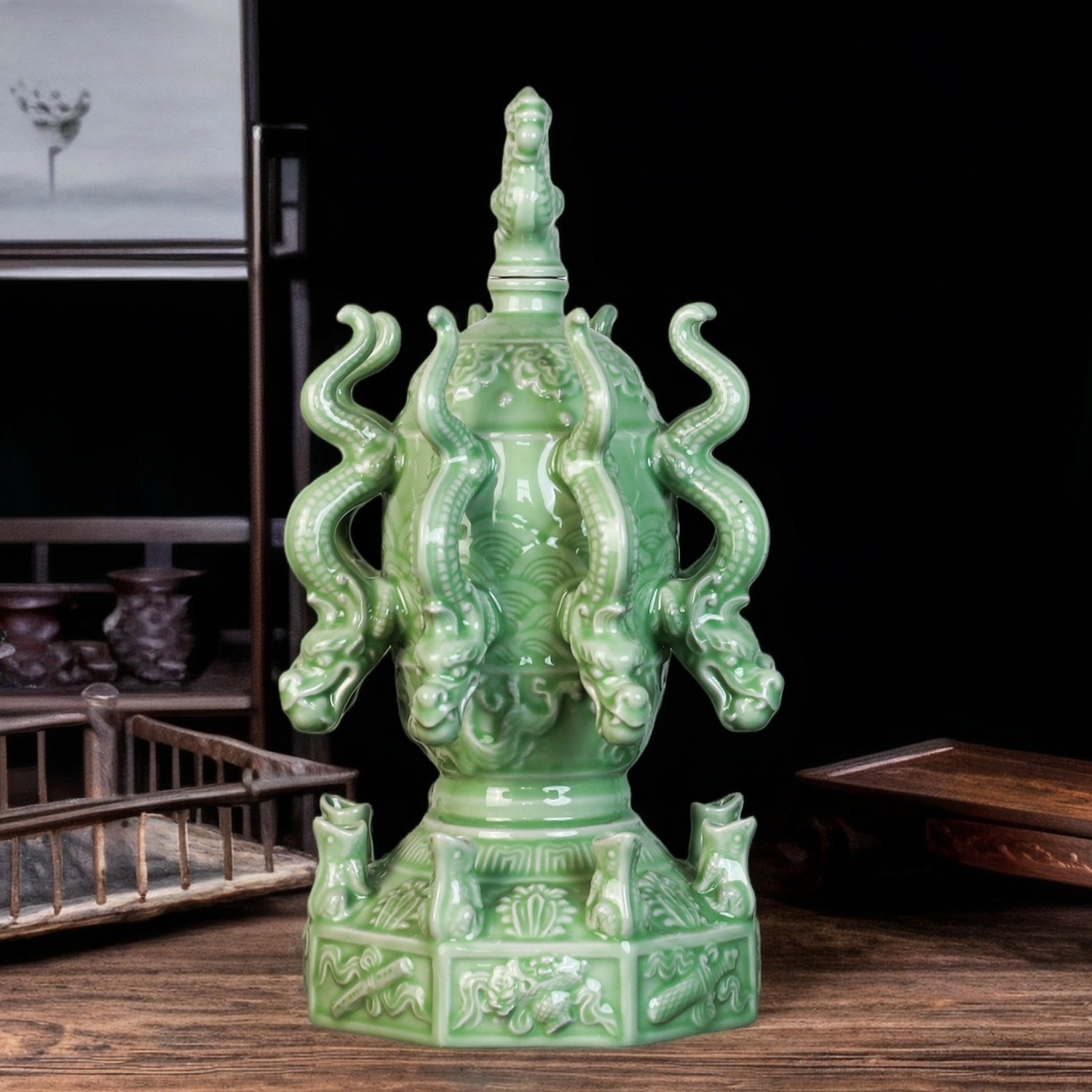 景德镇青釉陶瓷酒坛九龙至尊5斤装空酒瓶家用摆柜中式收藏送礼品