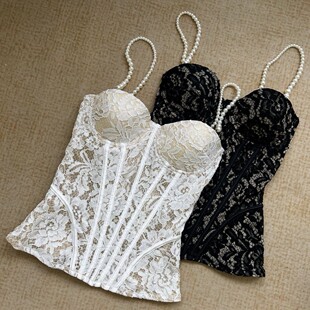 春夏新款珍珠蕾丝针织重工鱼骨吊带上衣女性感内衣抹胸防走光小背