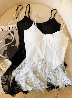 纯欲风不规则荷叶边飘带拼接蕾丝女短款内搭外穿显瘦上衣吊带背心