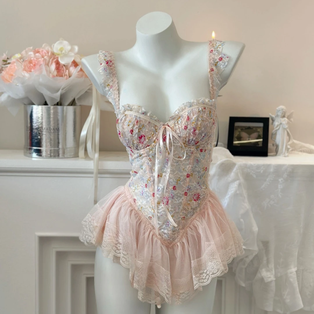 纯欲网纱碎花拼蕾丝边大露背鱼骨吊带聚拢胸衣性感睡衣qqny女睡裙,女士内衣/男士内衣/家居服,睡裙,淘宝优惠券,粉丝福利购,淘宝优惠卷