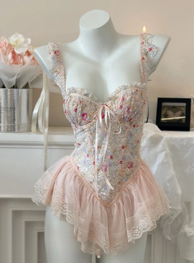 纯欲网纱碎花拼蕾丝边大露背鱼骨吊带聚拢胸衣性感睡衣qqny女睡裙