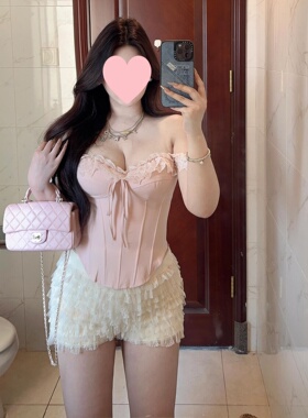 法式纯欲辣妹蕾丝花边绑带女鱼骨抹胸衣一字领修身短款吊带上衣夏